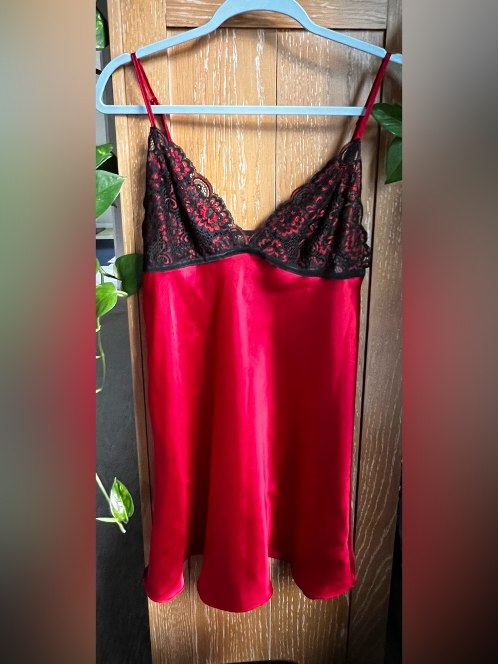 Secret Treasures Red Satin Chemise with Black Lace Size L